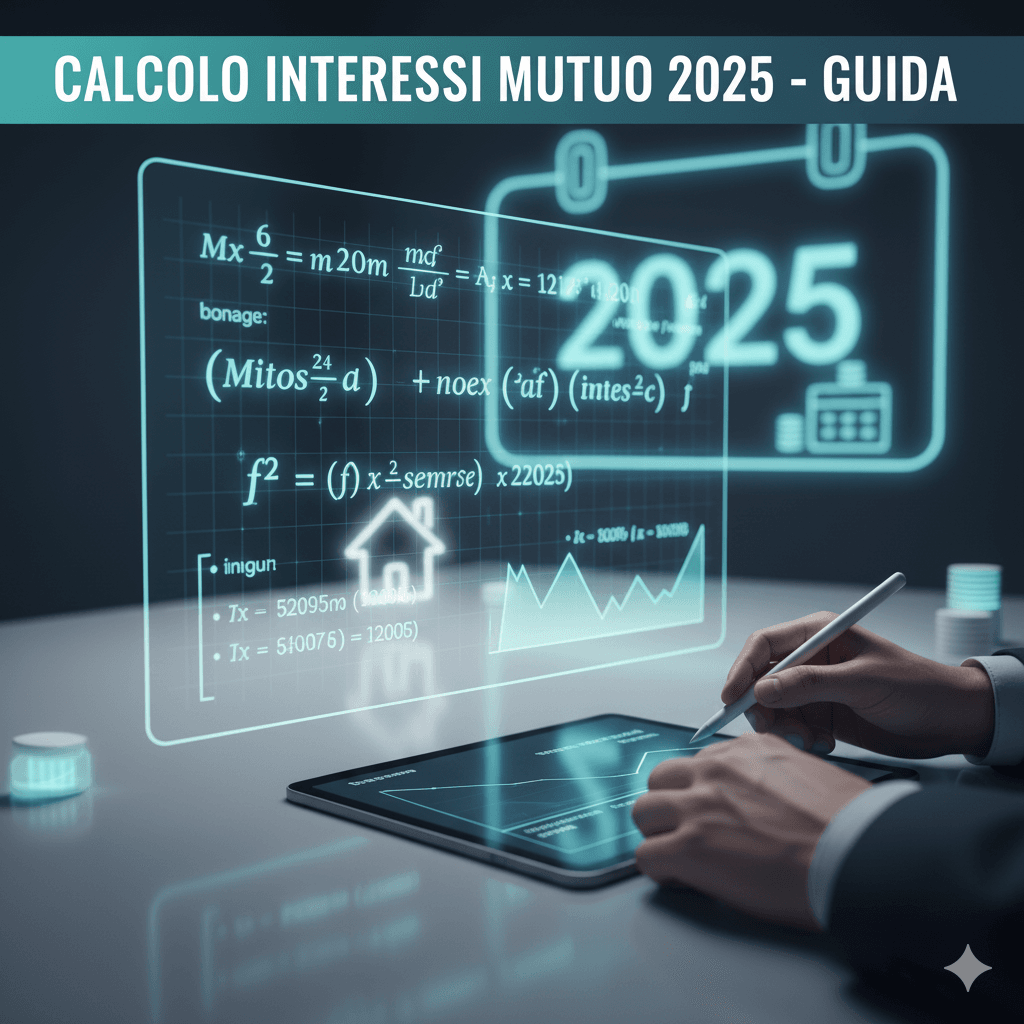 Calcolatrice con documenti di mutuo e grafici degli interessi 2025
