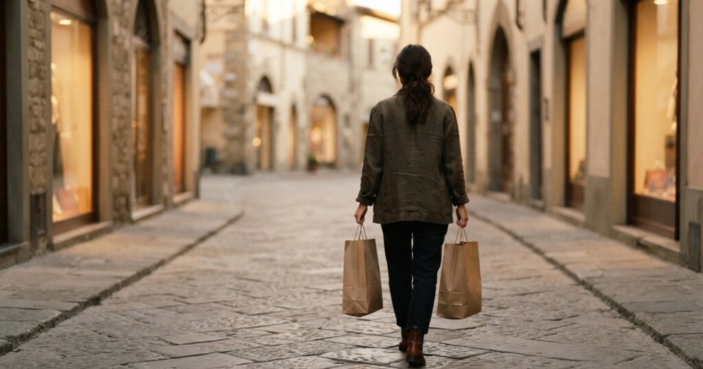 Donna di spalle che cammina in una via pedonale lastricata con due sacchetti di carta, tra le vetrine illuminate dei negozi