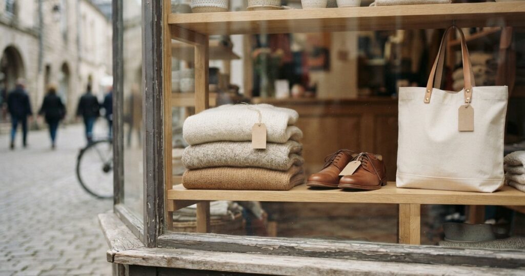Vetrina di una piccola boutique con maglioni piegati, scarpe di cuoio e una borsa di tela su scaffali di legno, con cartellini di carta senza scritte