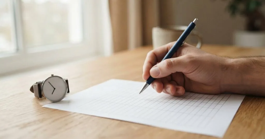 Foglio presenze a griglia in bianco su una scrivania, una mano con la penna e un orologio da polso accanto