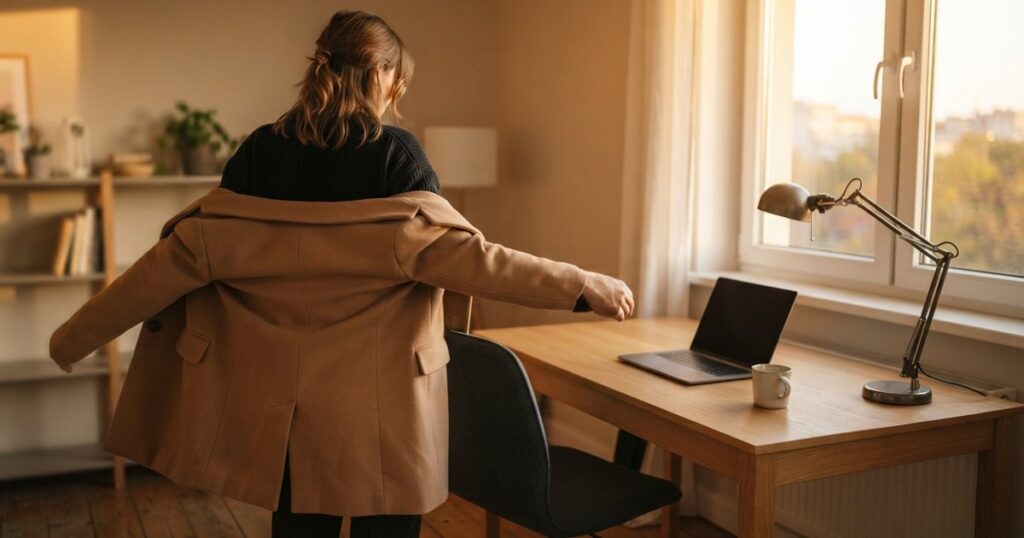 Donna di spalle che indossa il cappotto accanto alla scrivania a fine giornata, con il portatile chiuso e la lampada spenta